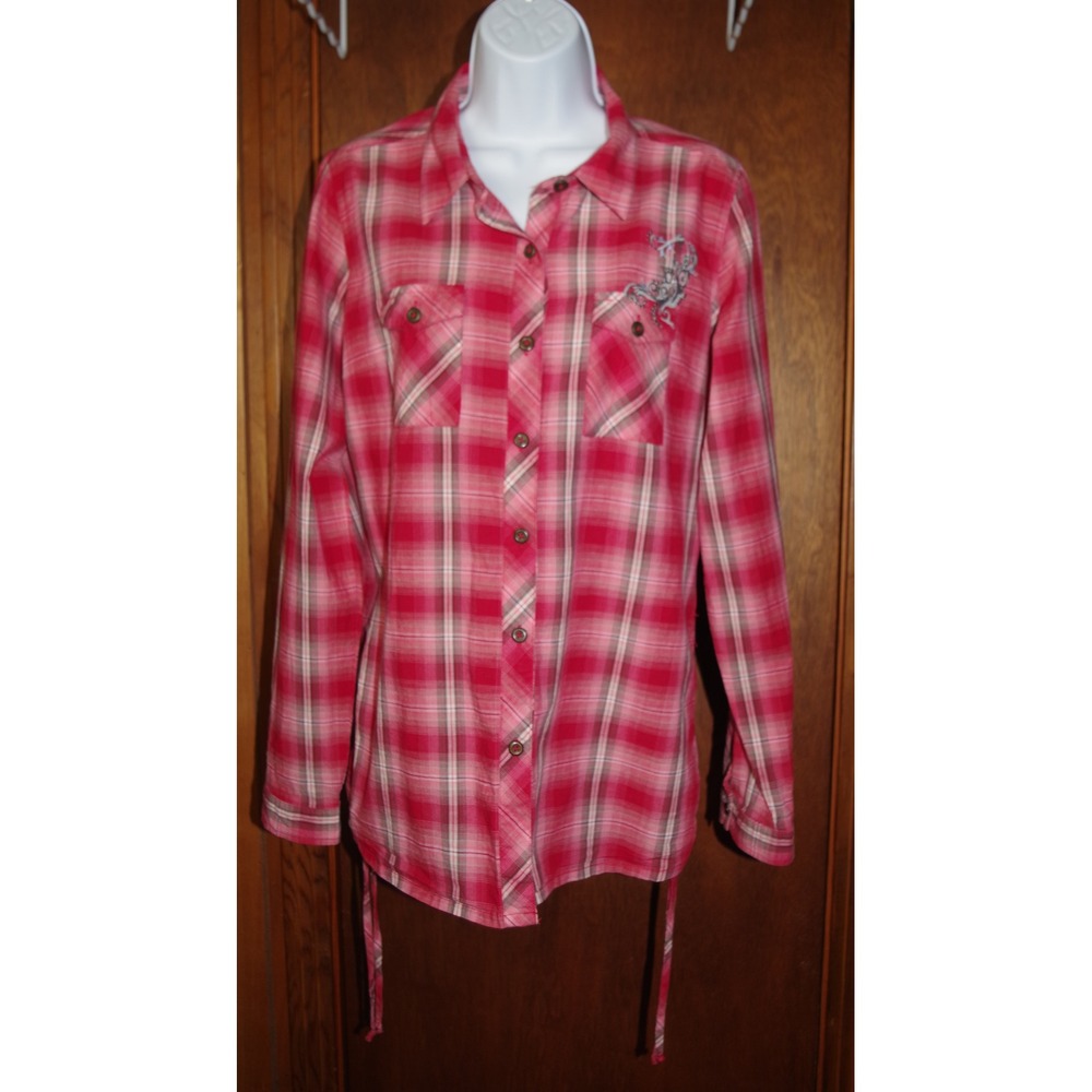 Maurices Womens Red Pink Plaid Button Down Shirt Roll Tab Sleeve‎ Embroidered L